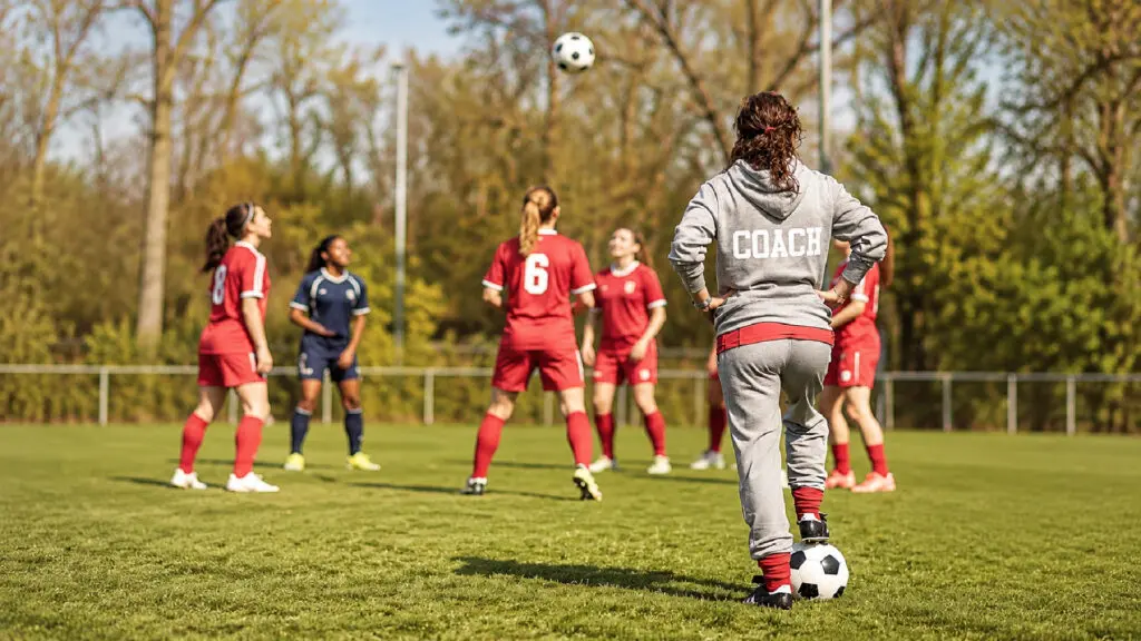 Female coach in gray hoodie watching young women soccer players practice heading on green field.